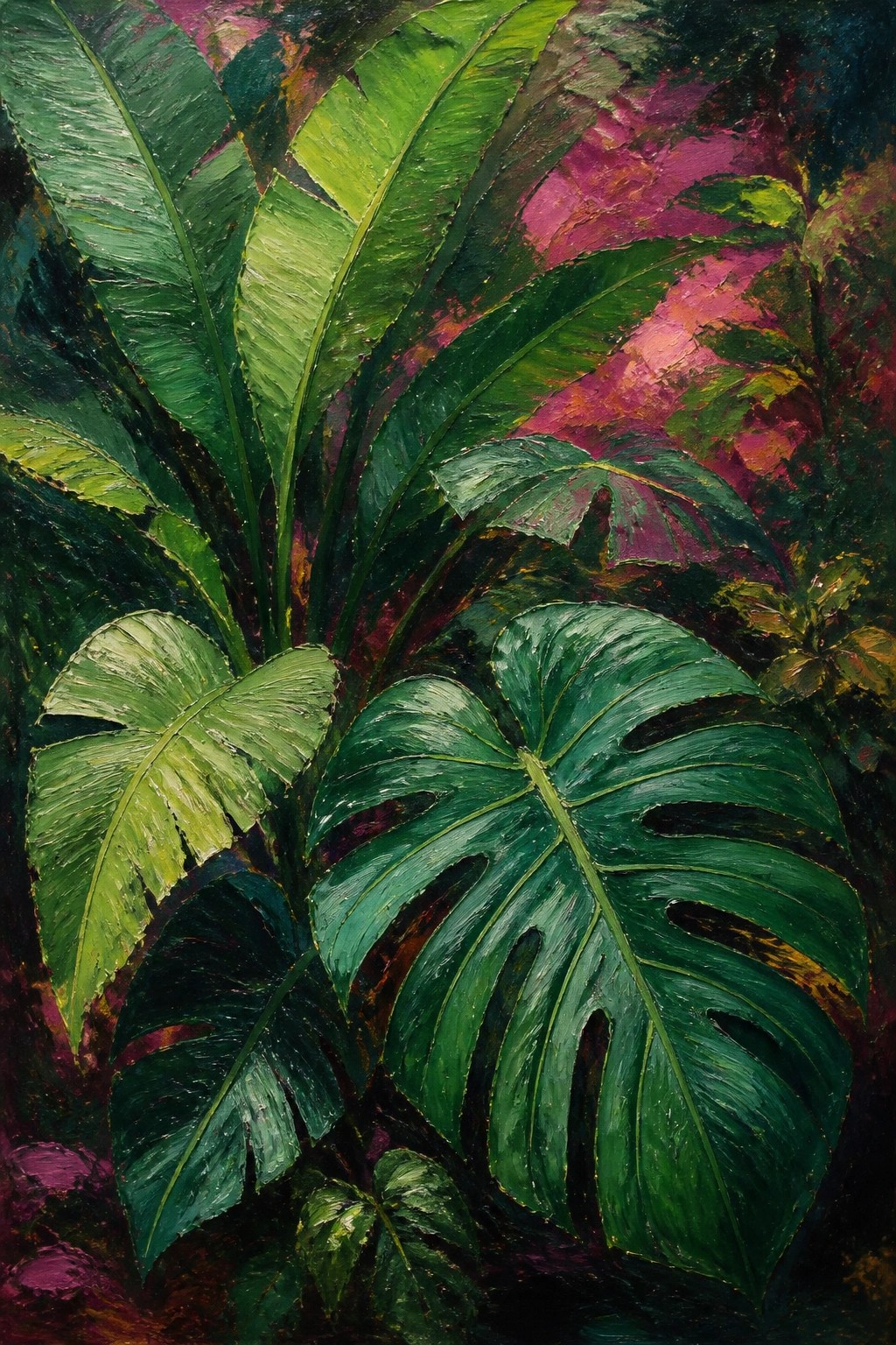 Vibrant oil painting of lush green monstera and tropical jungle leaves.