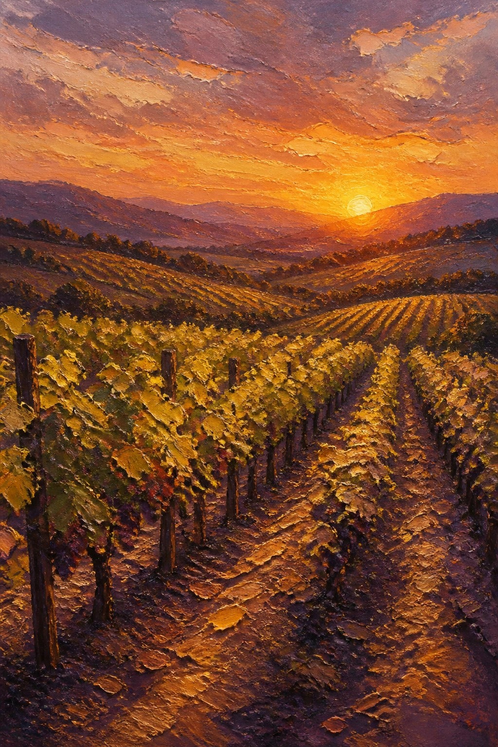 Golden vineyard rows at sunset with rolling hills under dramatic orange skies.