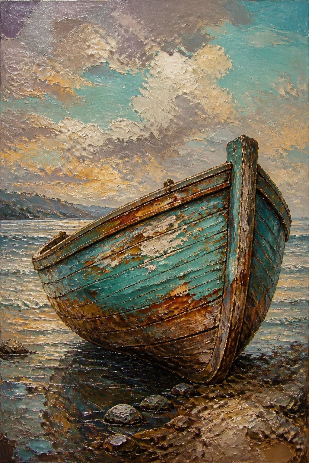 Weathered turquoise boat with peeling paint on rocky shore by choppy sea under dramatic sky