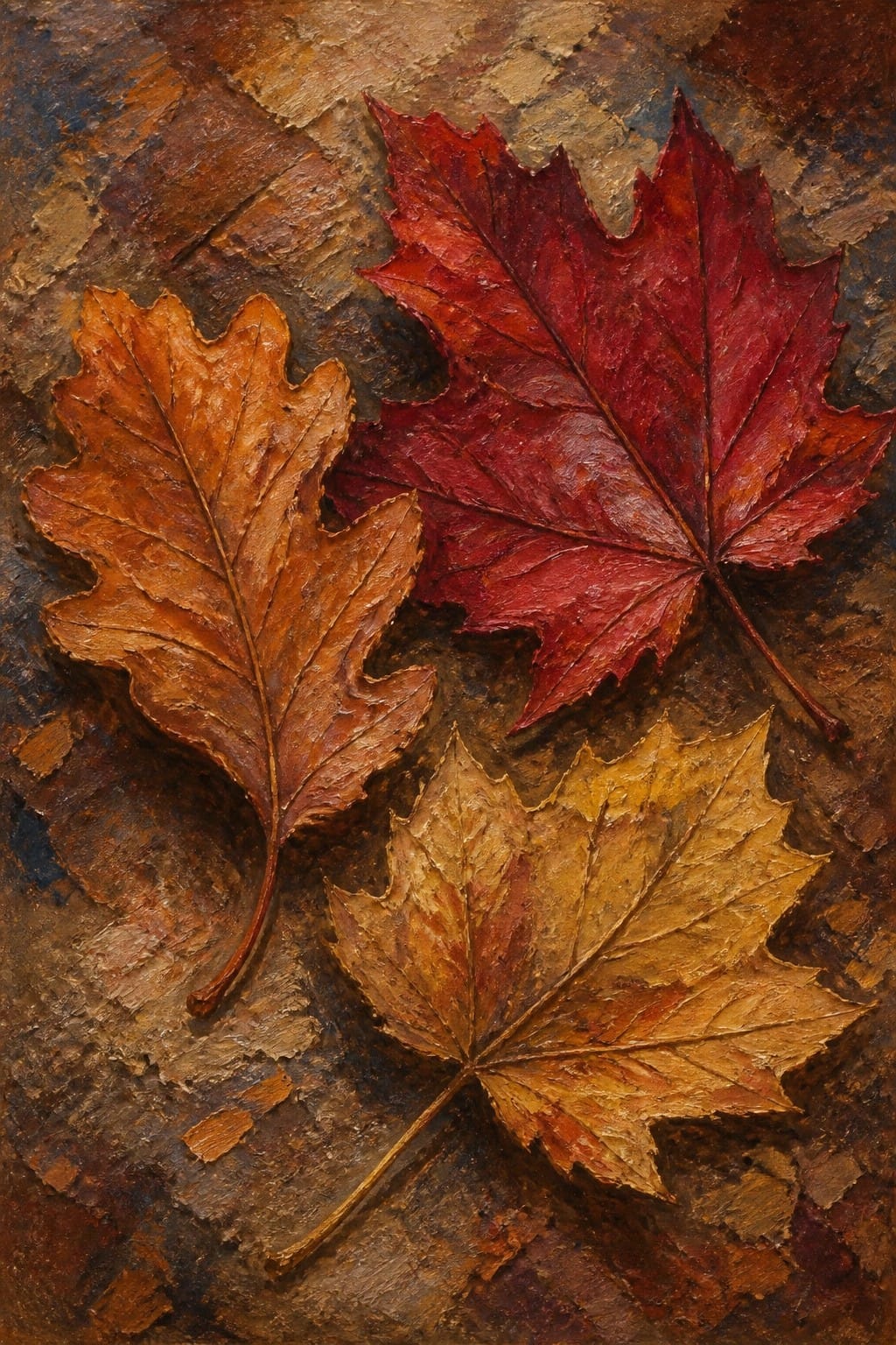 Three autumn leaves in red, orange, and yellow on textured brown surface.