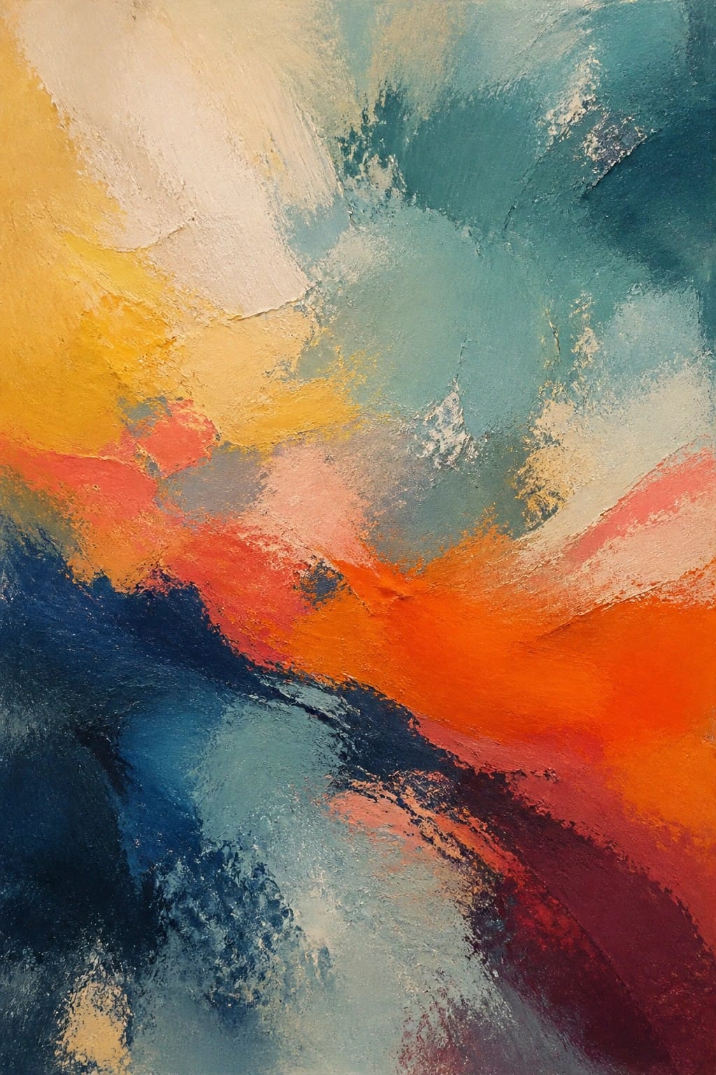 Abstract painting with swirling teal, orange, yellow, and blue brushstrokes.