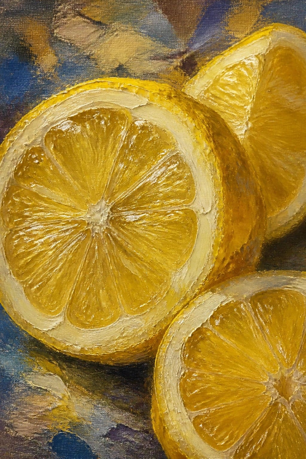 Vibrant oil painting of three sliced lemons with juicy yellow segments and pith.