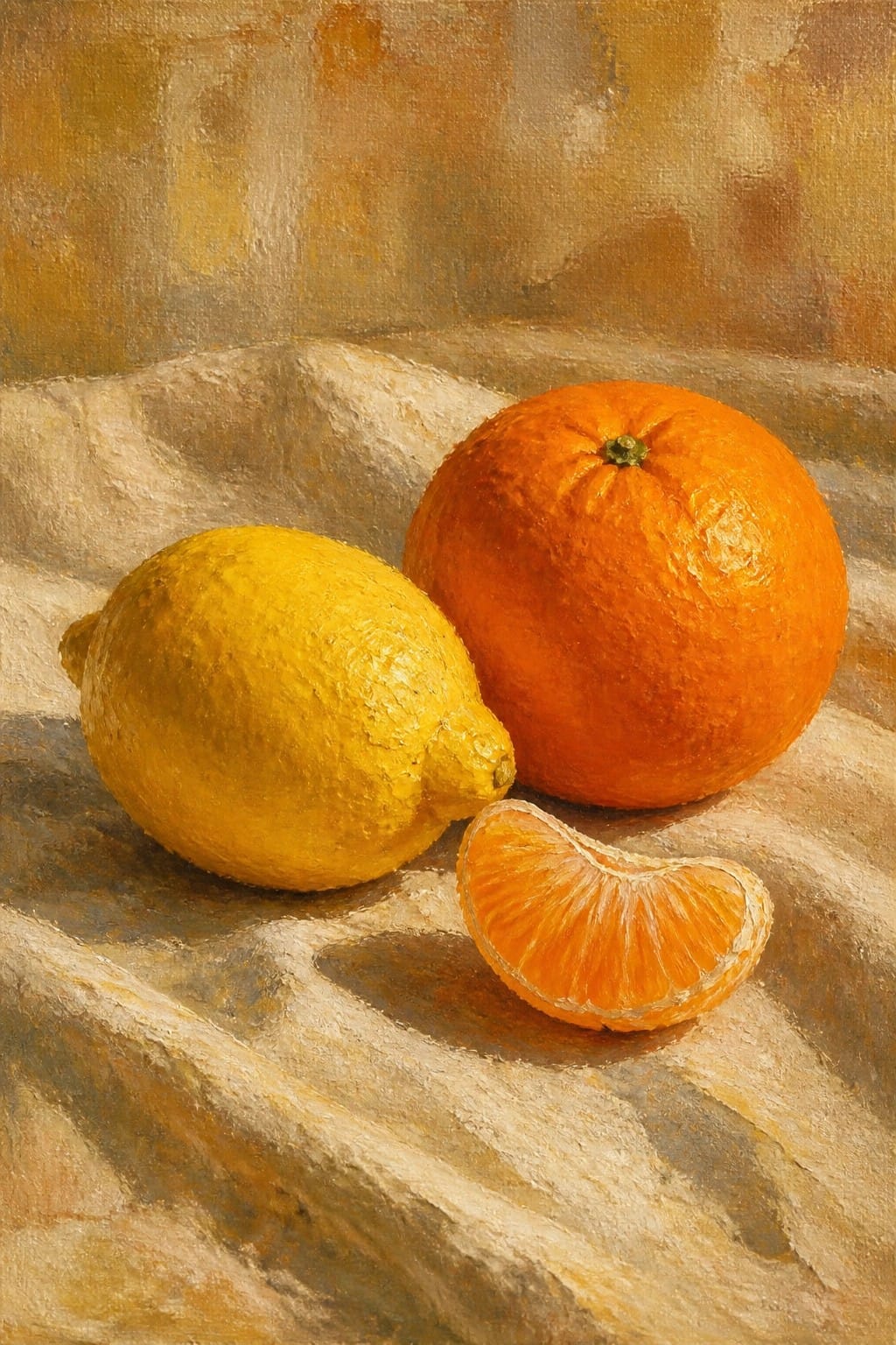 Yellow lemon, whole orange, and slice on textured draped fabric in painting