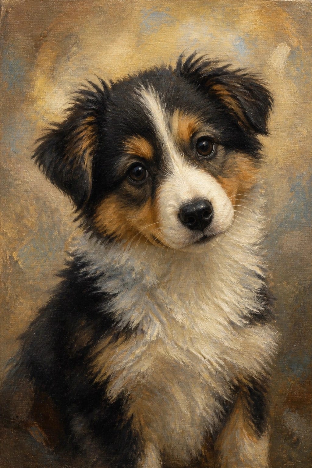 Oil painting of fluffy black white and tan puppy with soulful eyes