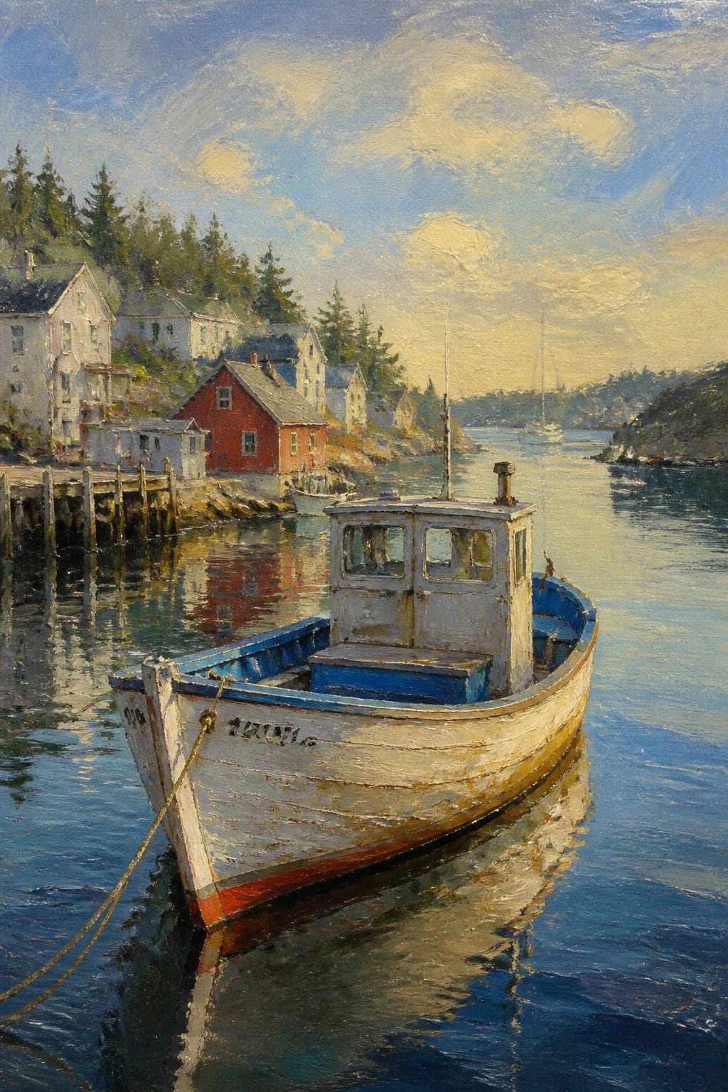 Weathered white boat with blue trim moored in calm harbor at sunset