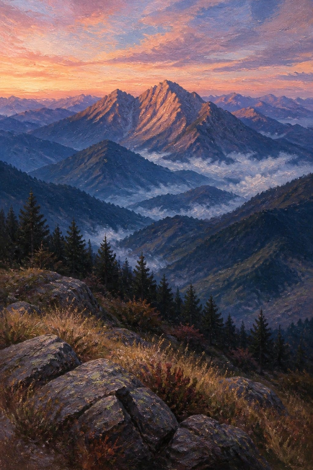 Sunrise illuminates jagged mountain peaks above misty valleys in oil painting