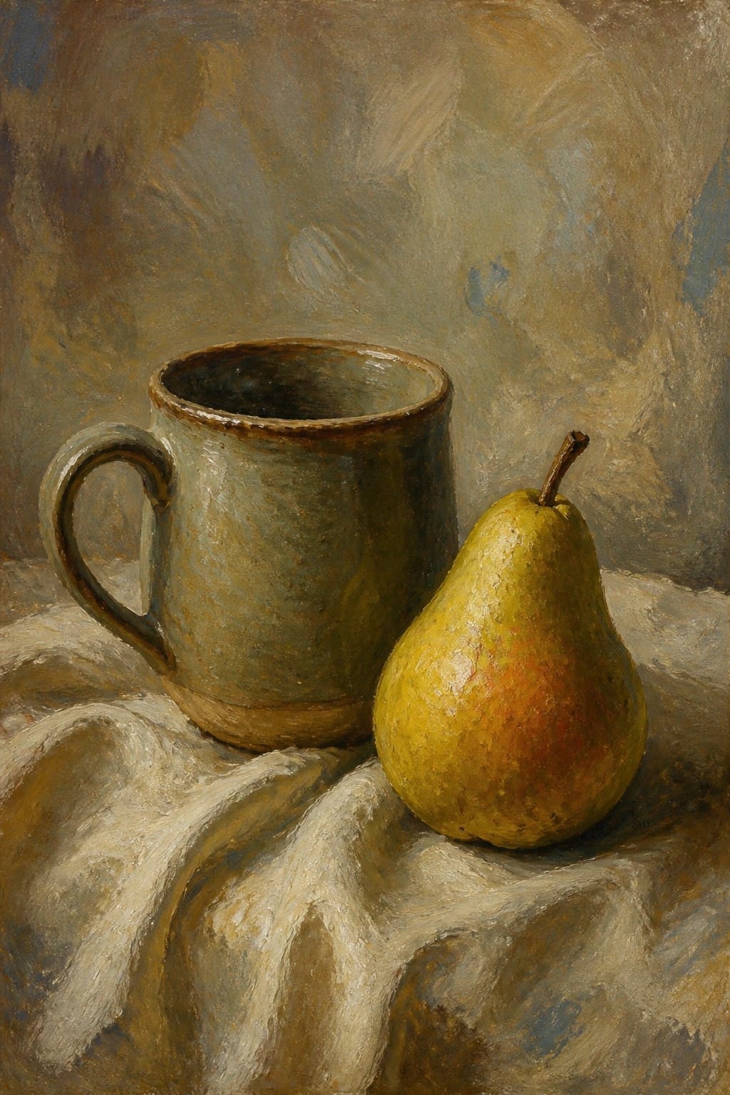 Weathered green mug beside ripe yellow pear on folded white cloth