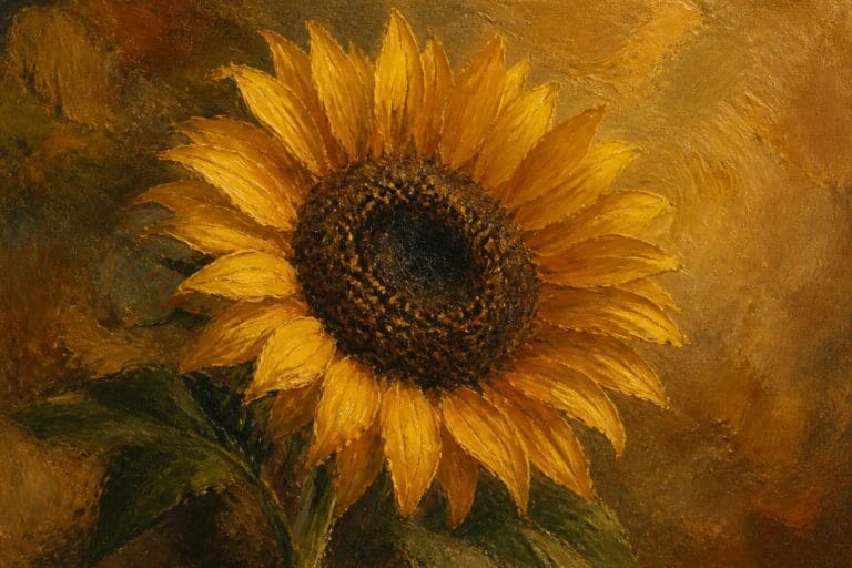24 Creative Beginner Oil Painting Ideas for Your First Canvas Project Thickly textured oil painting of a sunflower with golden petals and dark center.