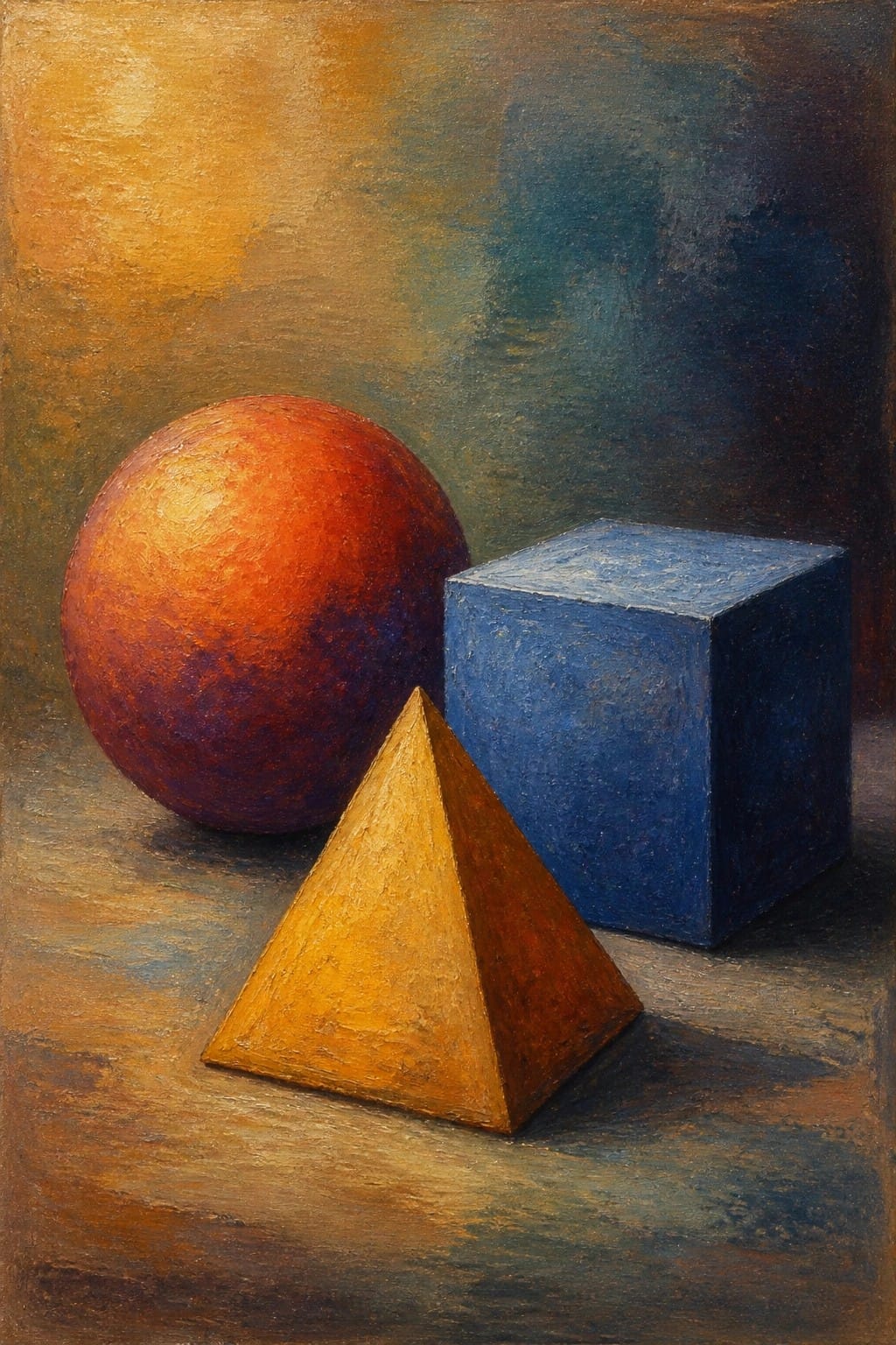 Orange sphere, blue cube, and yellow pyramid in textured still life.