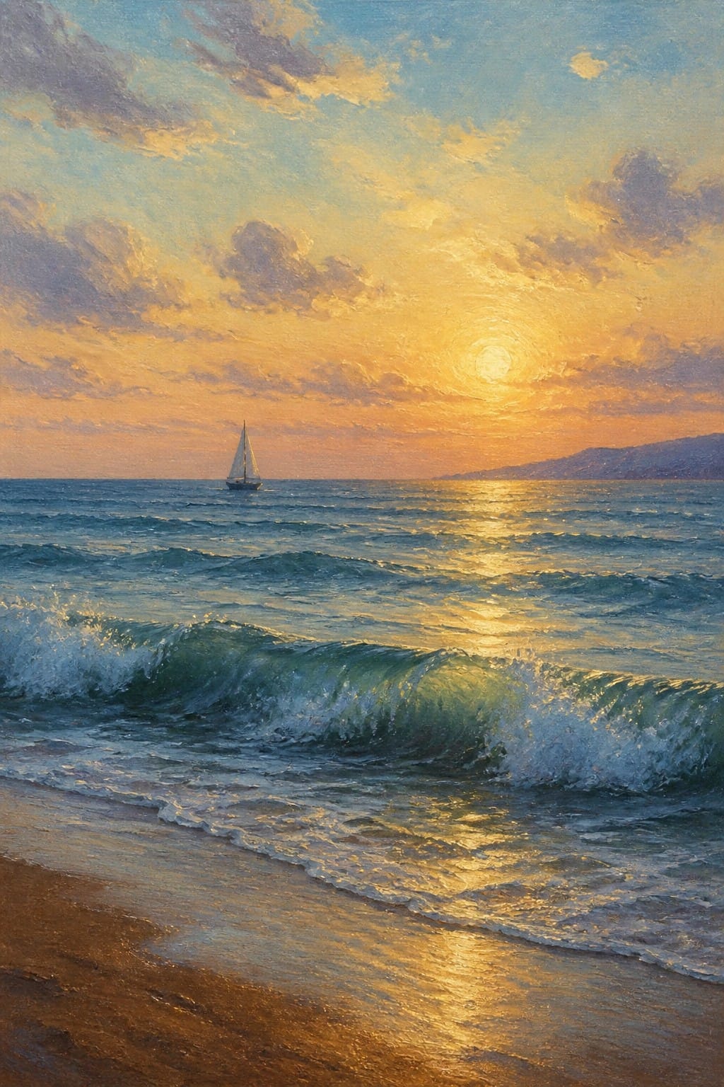 Sunset seascape with sailboat on horizon and waves crashing onto sandy beach