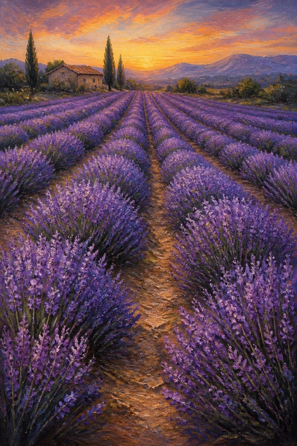 Dirt path through blooming purple lavender fields at vibrant orange sunset with mountains.