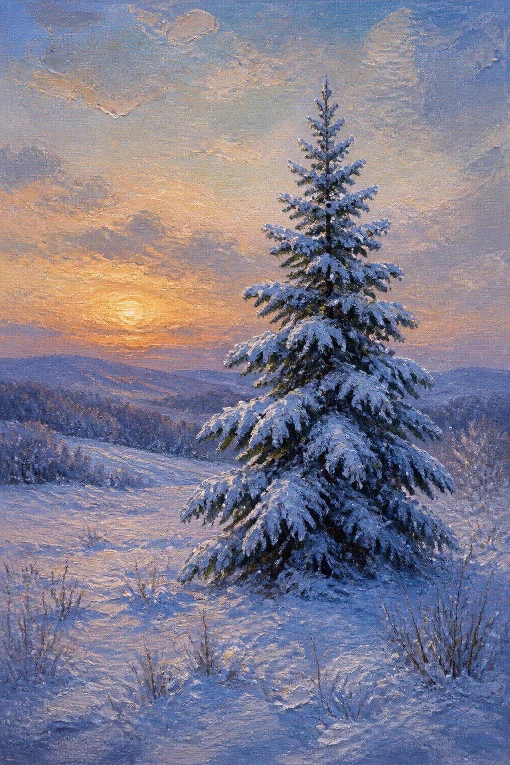 Snow-covered pine tree in snowy field under vibrant sunset sky with hills