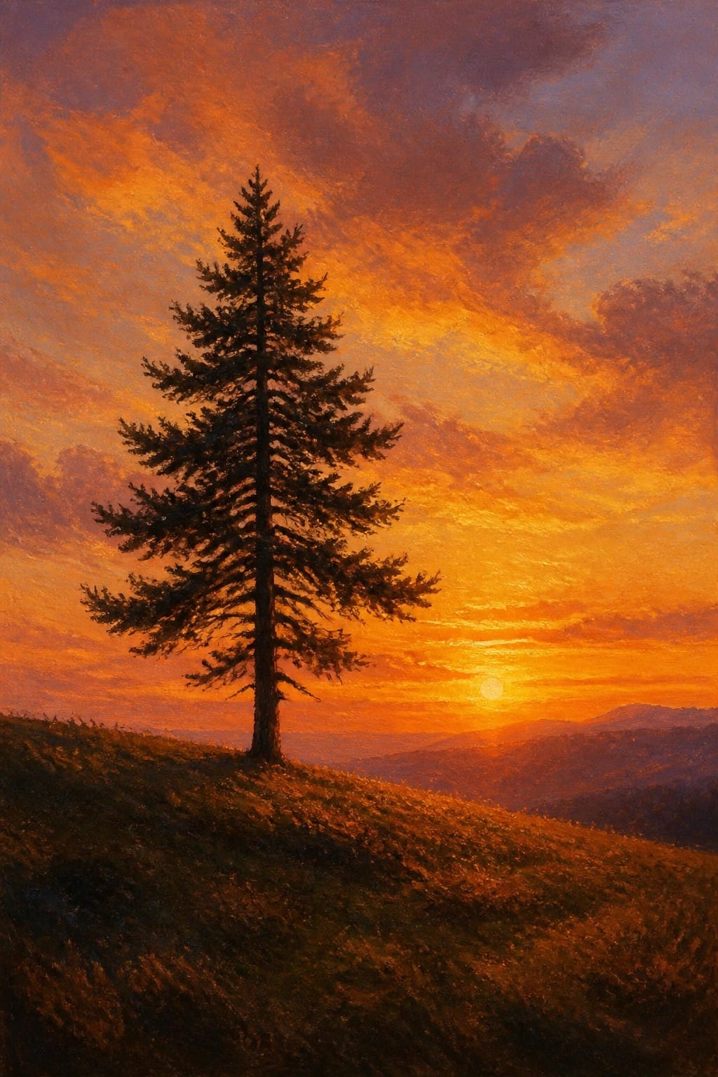 Lone pine tree silhouetted on grassy hill beneath vibrant orange sunset sky