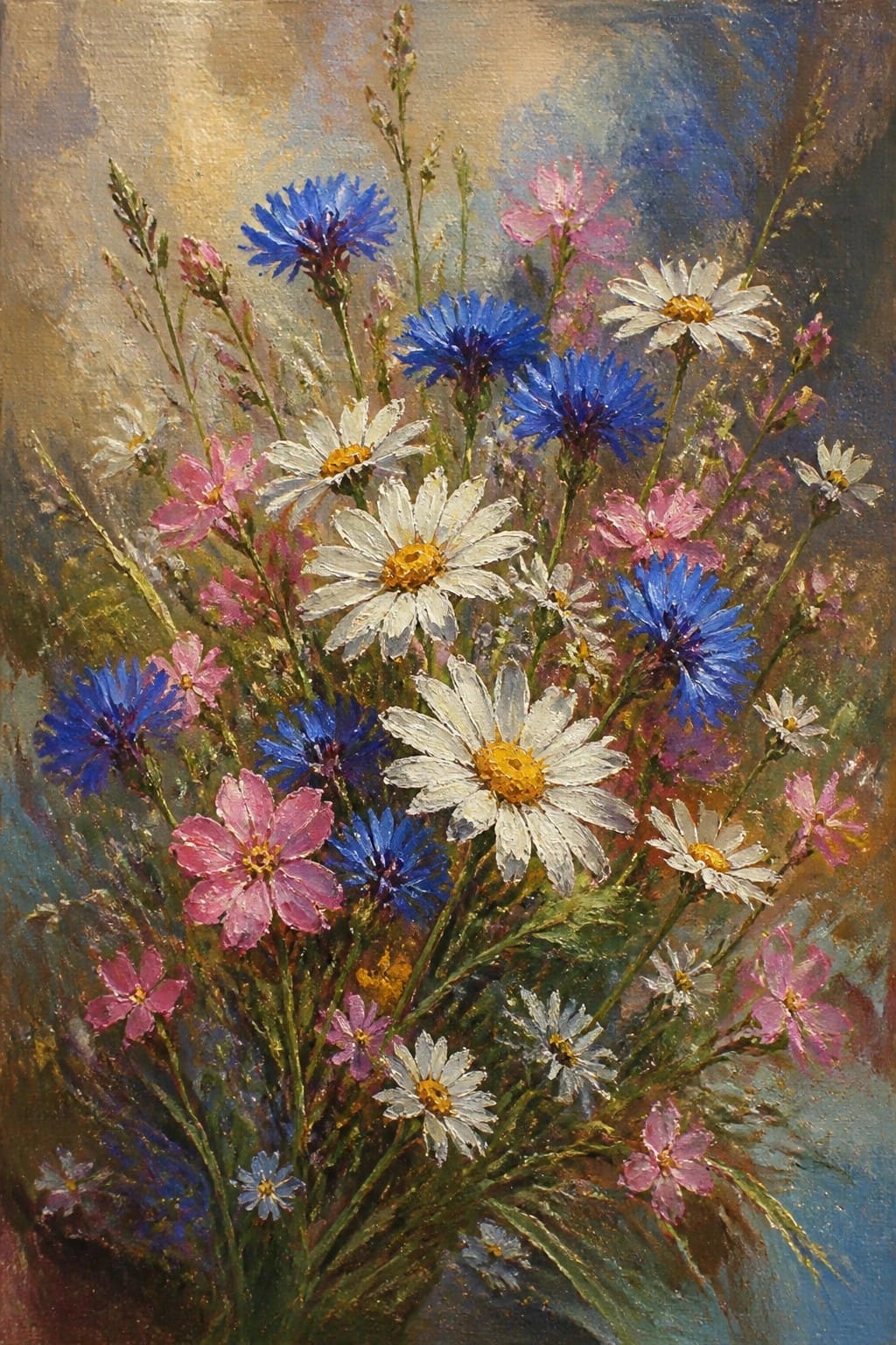 Vibrant bouquet of blue cornflowers, white daisies, and pink wildflowers in oil painting.