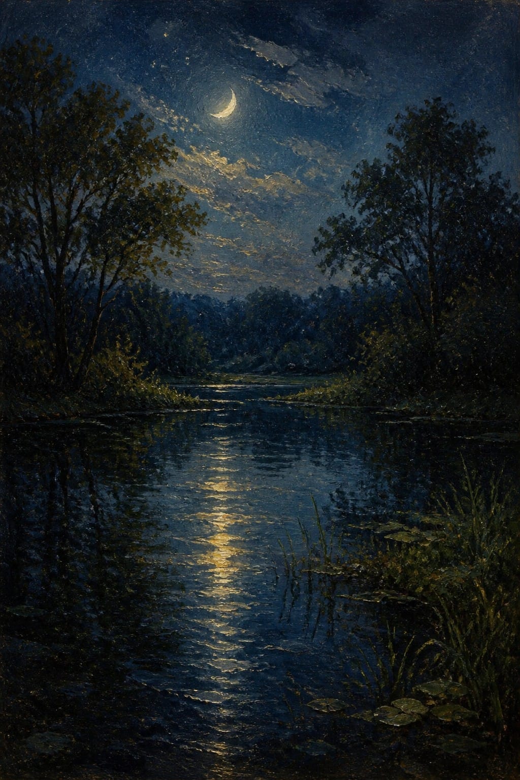 Crescent moon reflecting on calm river between dark trees under cloudy night sky
