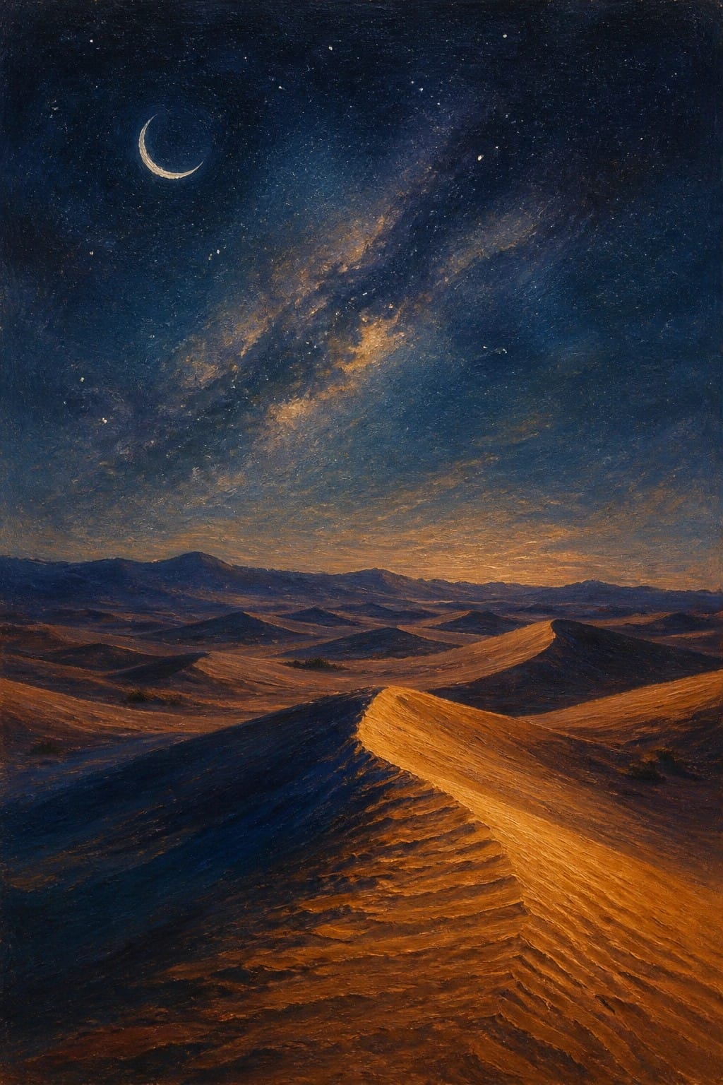Desert dunes glowing under crescent moon and starry Milky Way night sky.