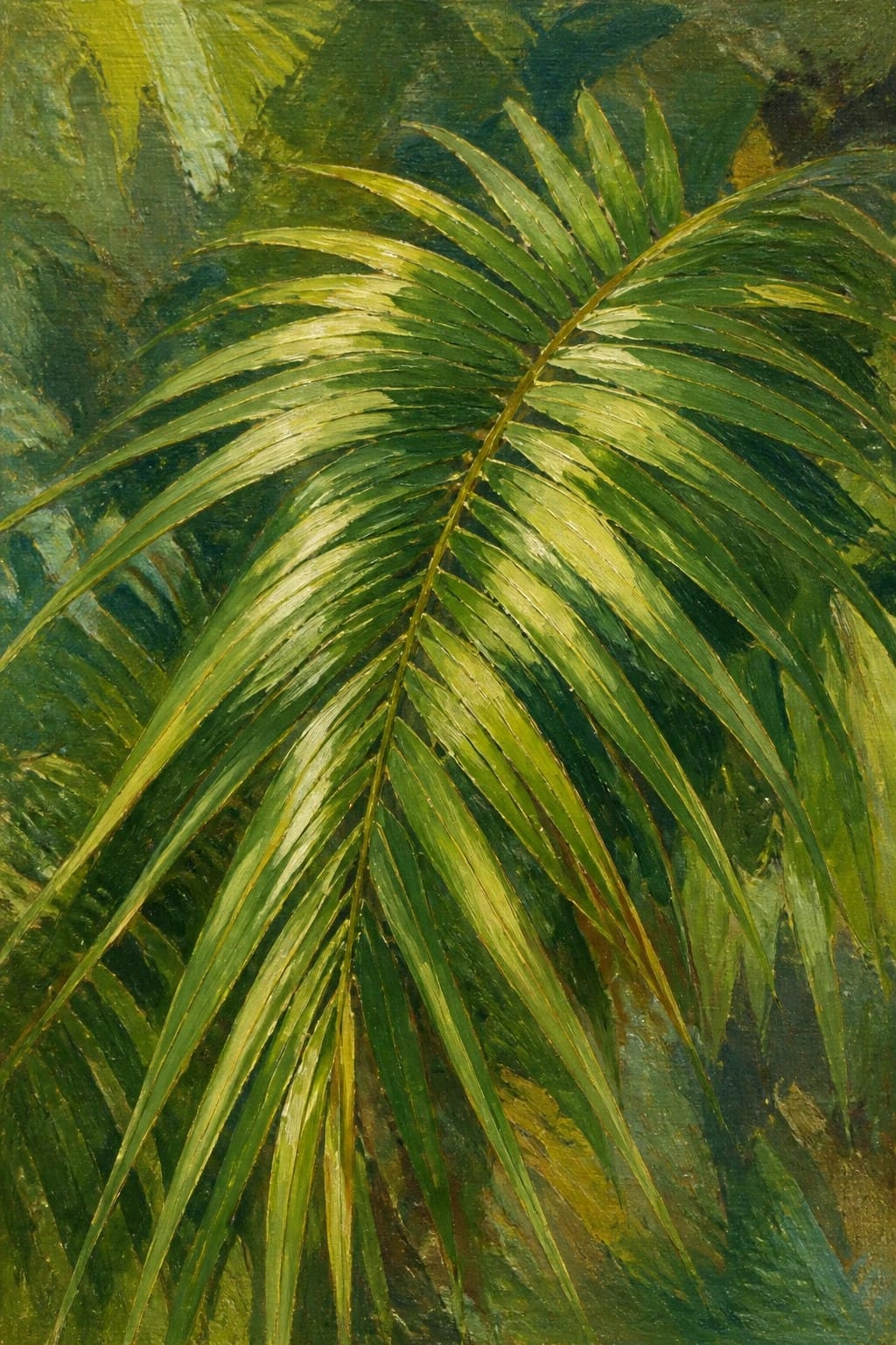 Sunlit green palm frond with long slender leaves and golden highlights