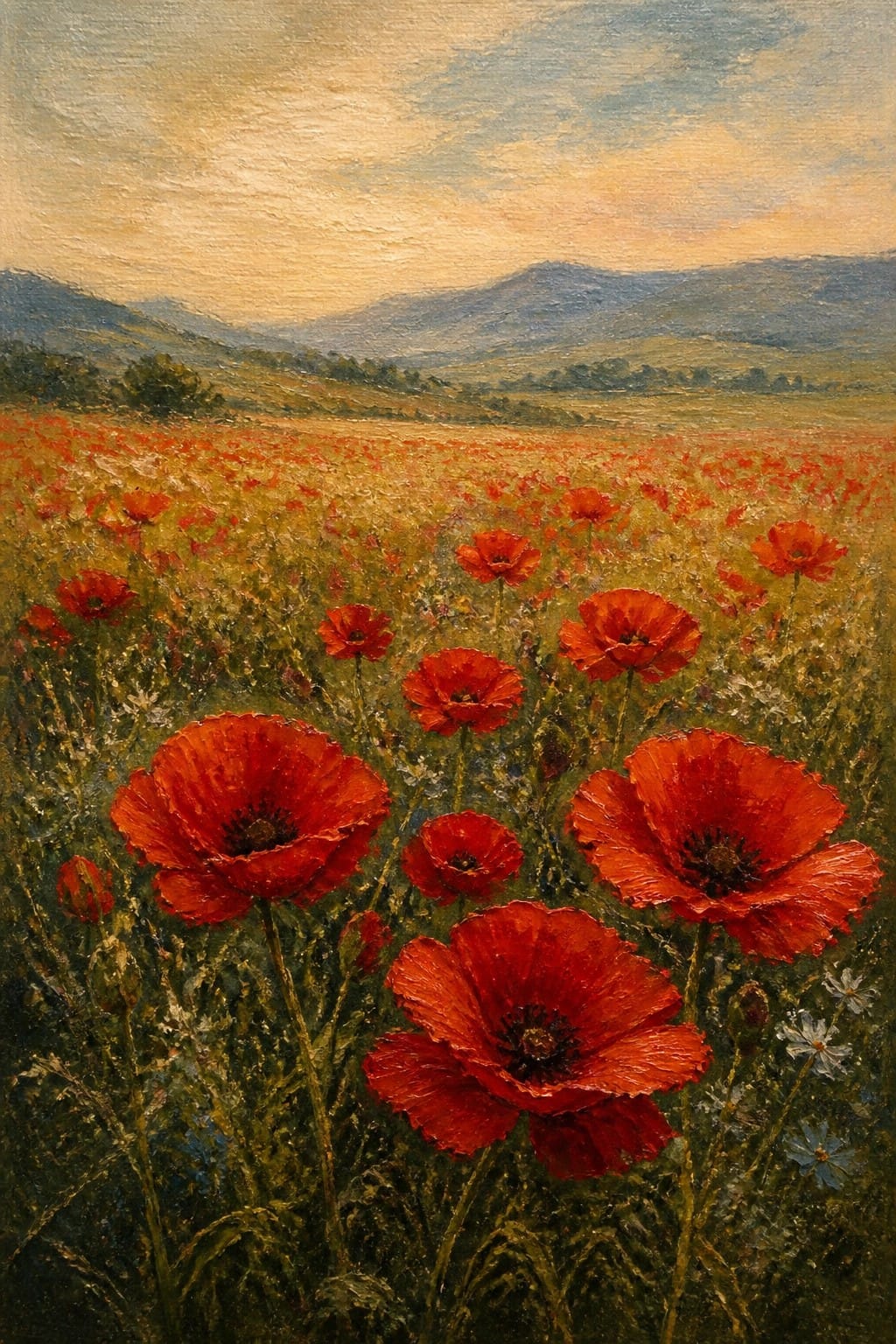 Vibrant red poppies fill a golden field beneath hazy mountains at sunset.