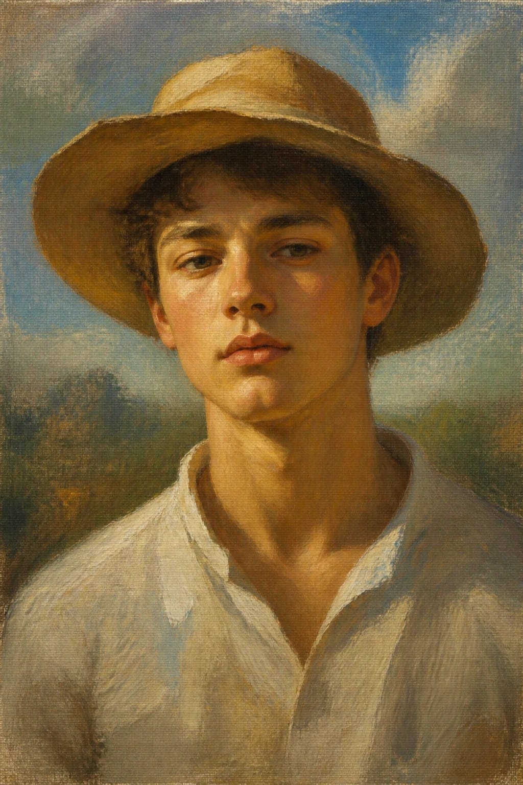 Young man in straw hat and white shirt against blue sky landscape
