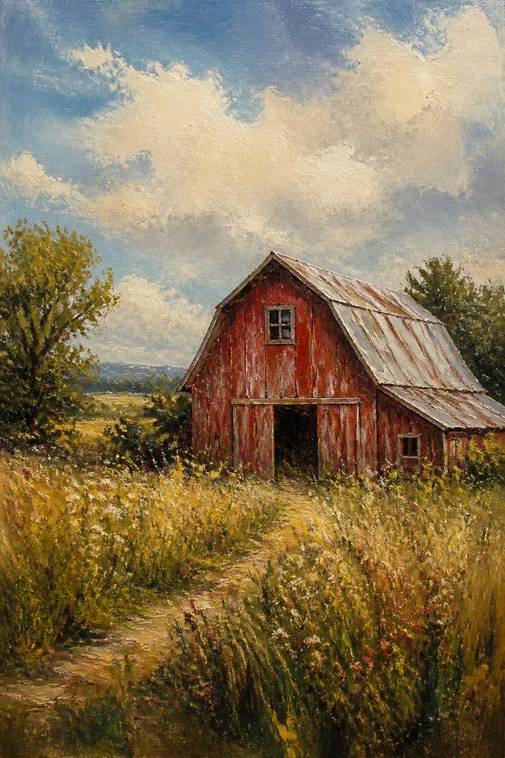 Red barn with rusted roof along flower-lined dirt path under blue sky