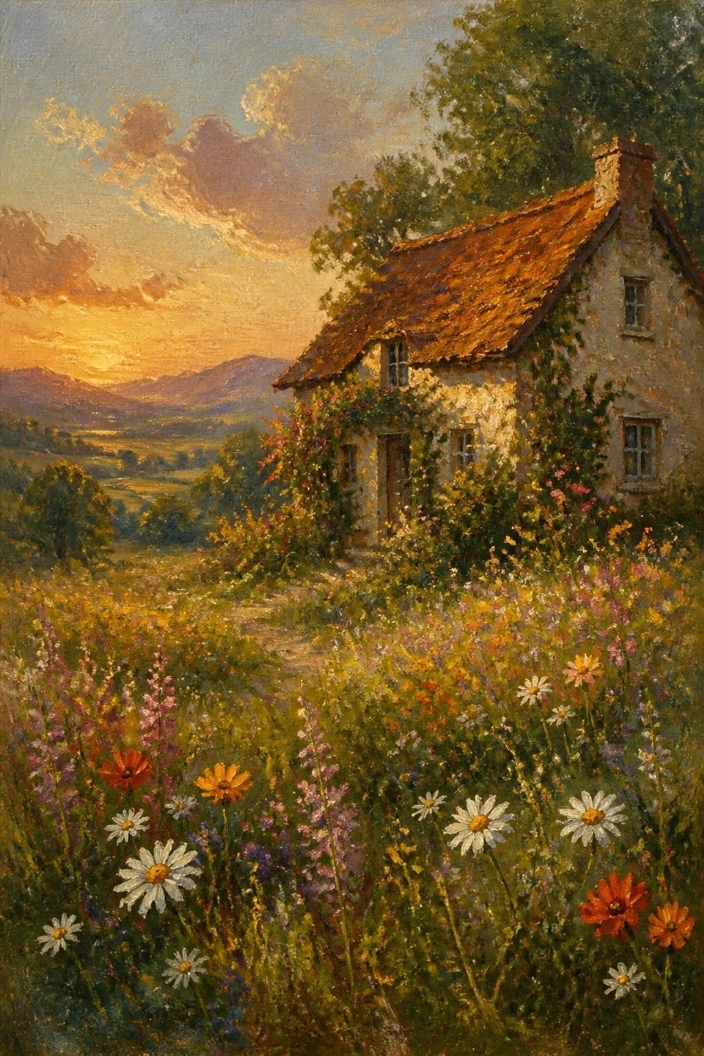 Cottage with orange roof amid vibrant wildflowers overlooking mountains at sunset