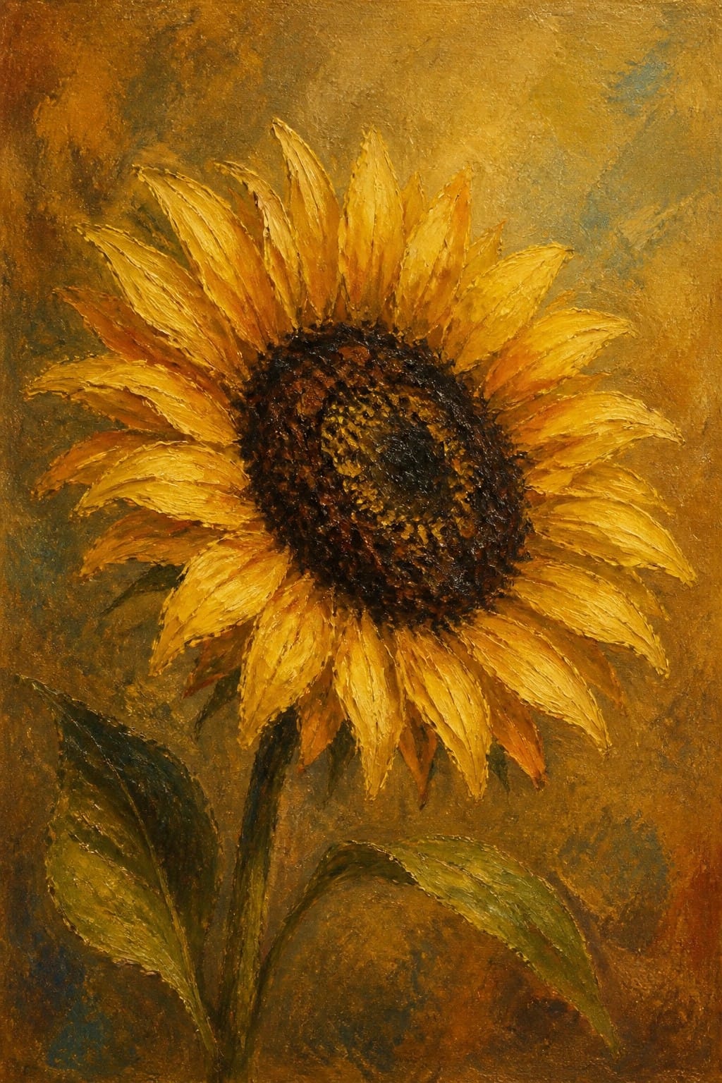Thickly textured oil painting of a sunflower with golden petals and dark center.