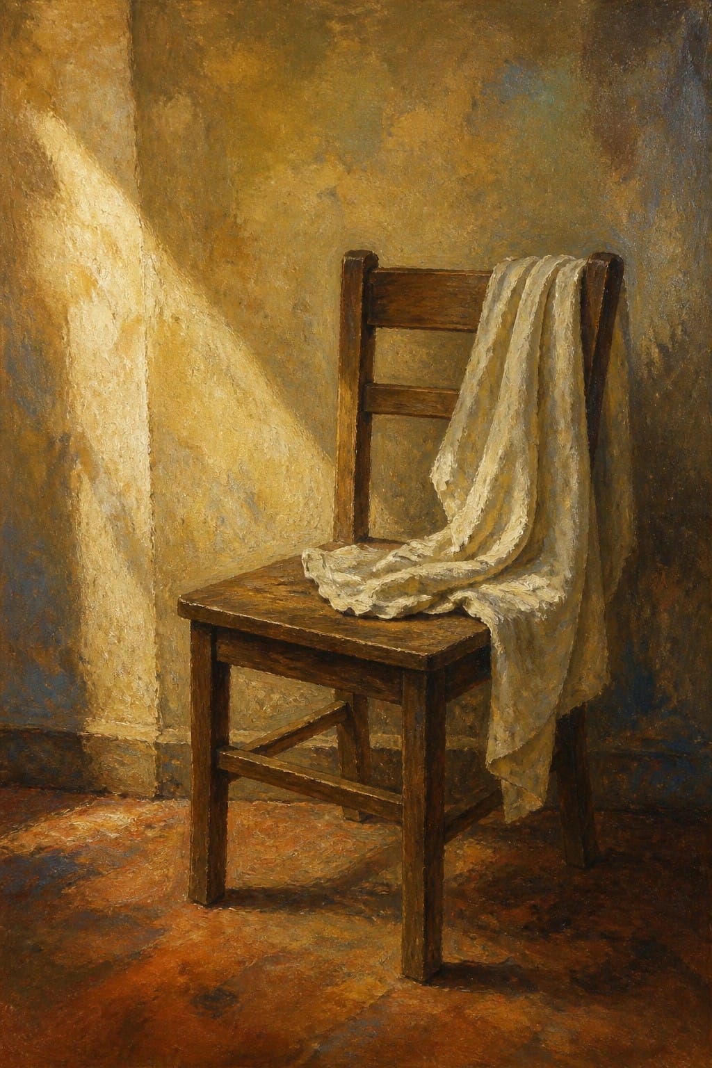 Wooden chair with white cloth draped over seat in sunlit room with shadows.