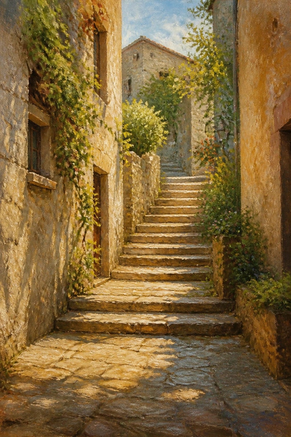 Sunlit cobblestone stairs ascend between ivy-covered stone buildings in a narrow alley.