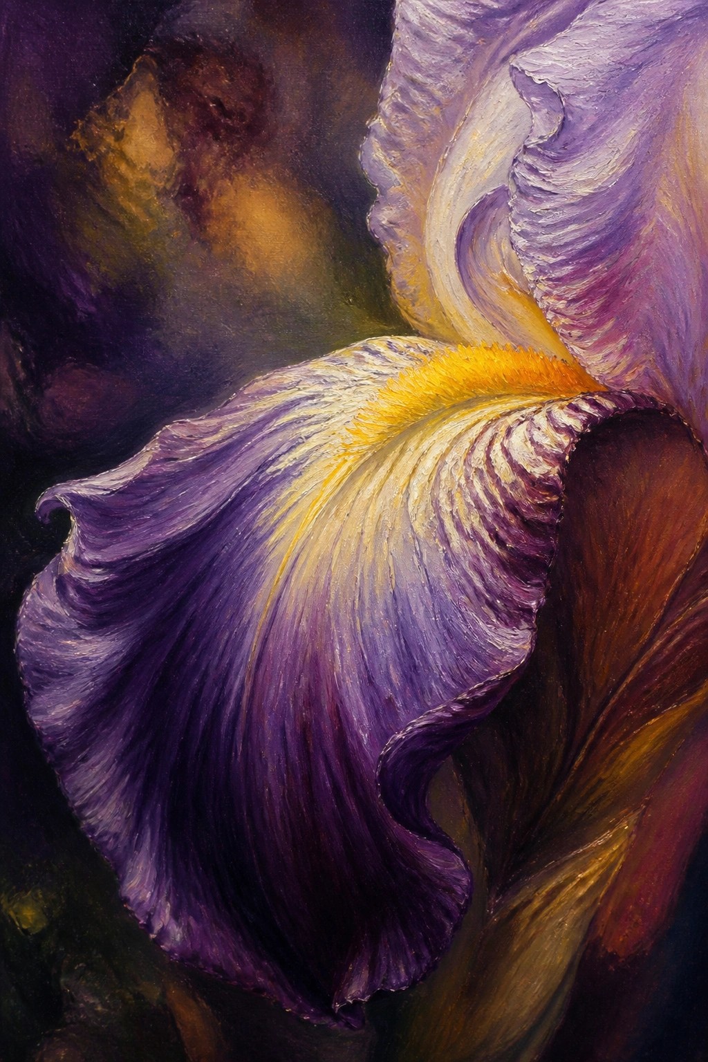 Close-up oil painting of a purple iris with yellow center against a dark background.