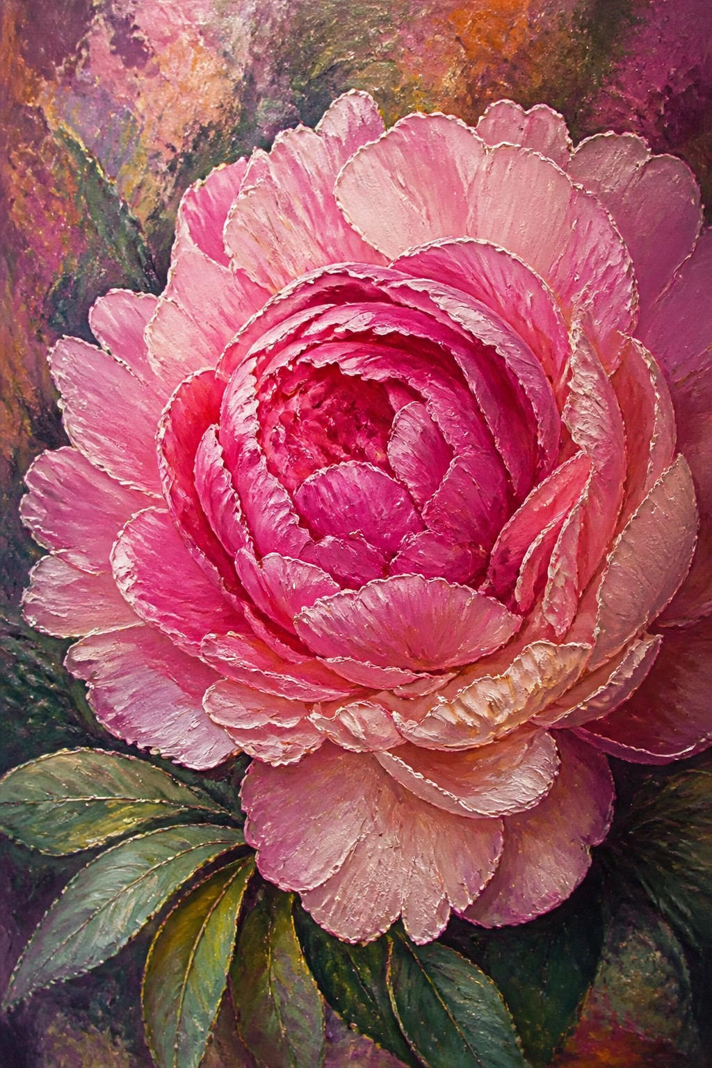 Vibrant pink peony in full bloom with layered petals and green leaves.