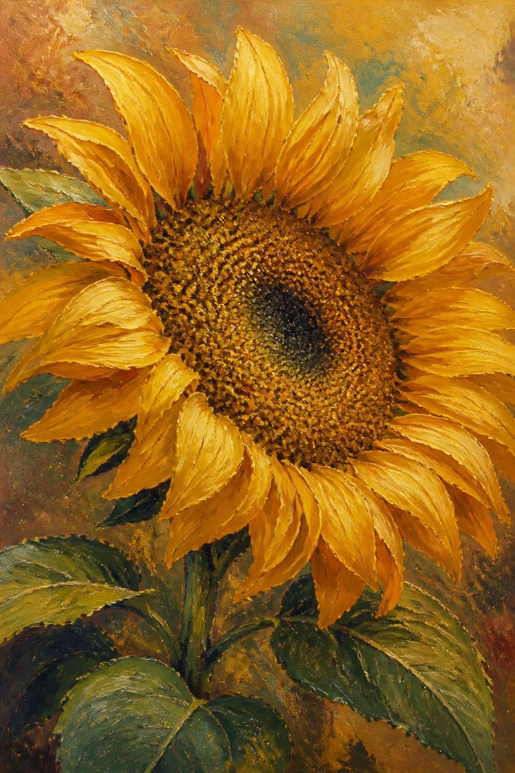 Vibrant yellow sunflower with textured brown center and green leaves in oil painting style.