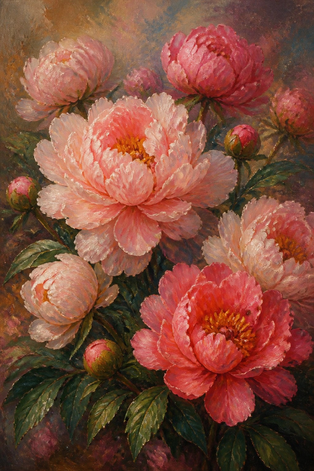 Vibrant pink peonies blooming amid green leaves in rich oil painting style