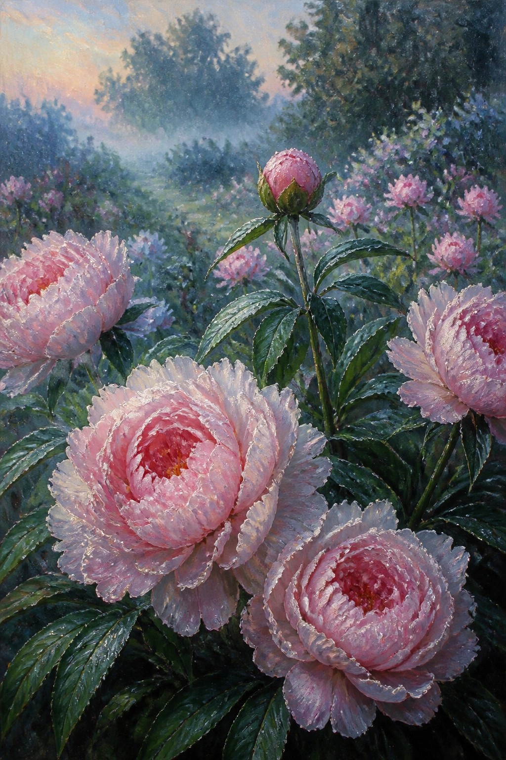 Dew-kissed pink peonies blooming amid misty trees and lush green foliage at dawn