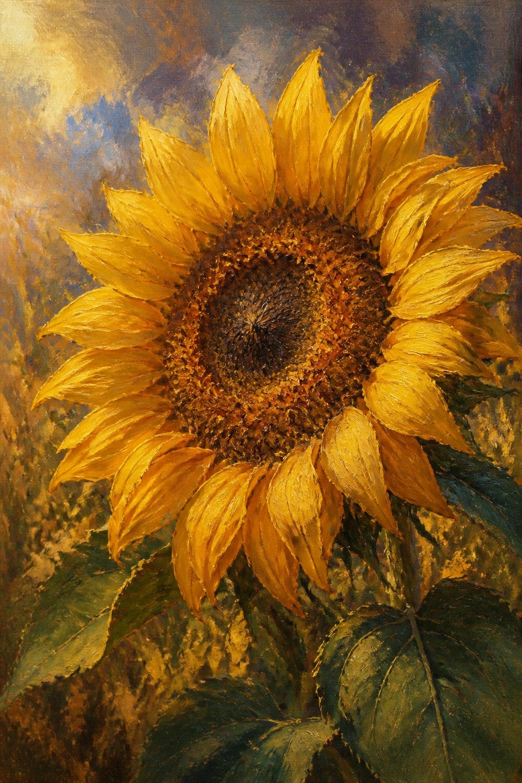 Vibrant yellow sunflower with textured petals and dark center in oil painting
