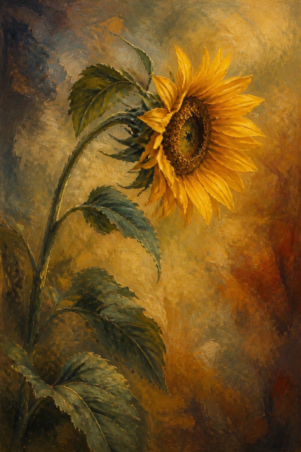 Yellow sunflower with green leaves against warm golden-brown painted background