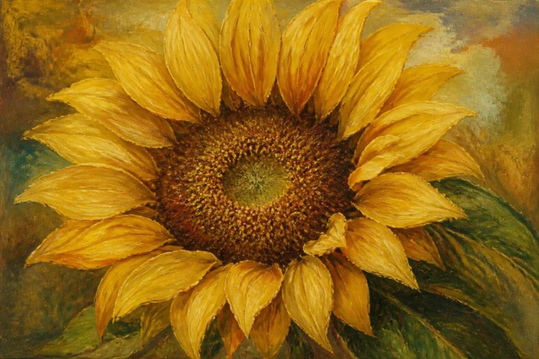 24 Fresh Flower Oil Painting Ideas Inspired by Sunflowers, Peonies, and Irises Vibrant yellow sunflower with textured brown center and green leaves in oil painting style.