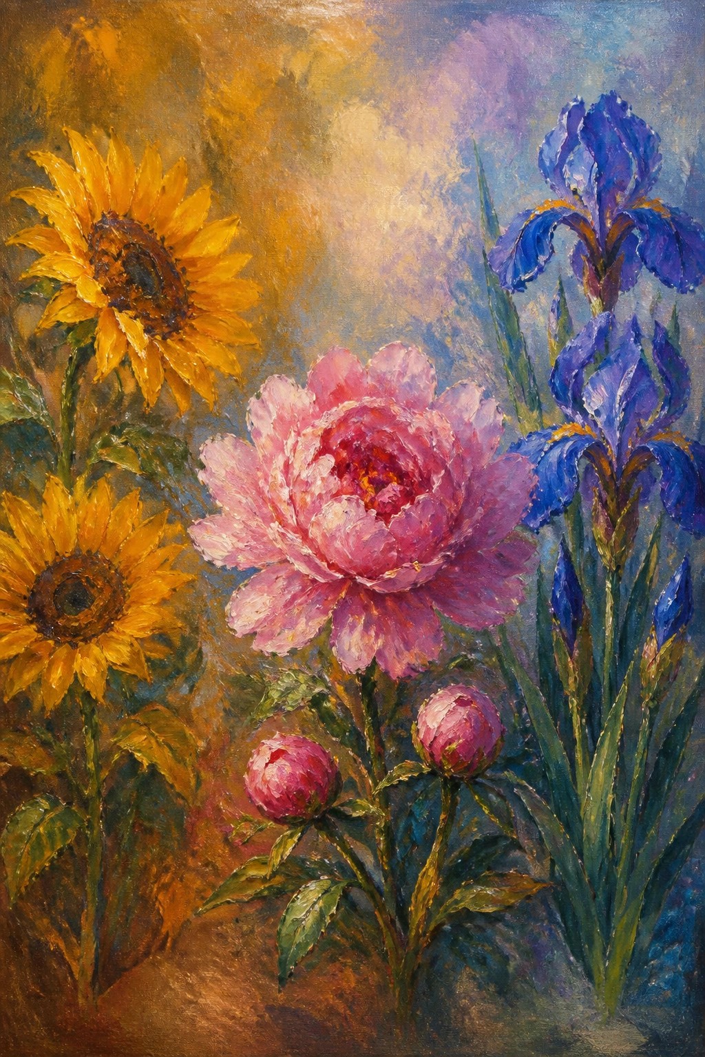 Vibrant painting of yellow sunflowers, pink peony, and blue irises in bloom