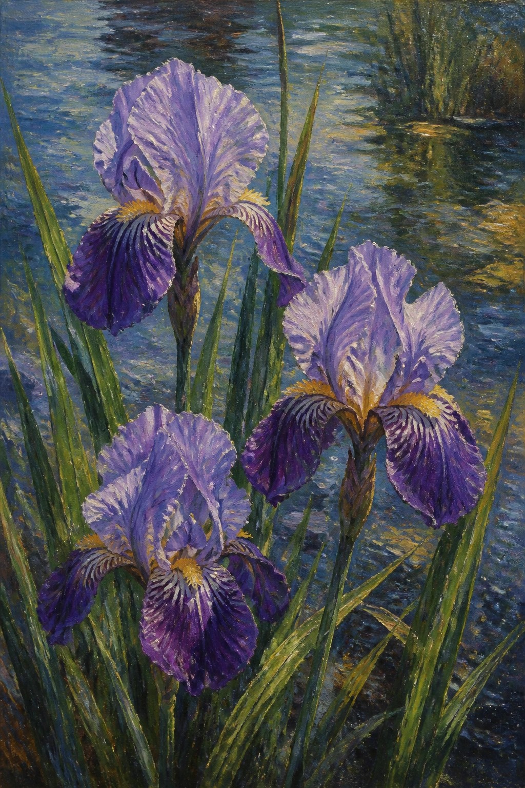Three vibrant purple irises blooming by a sunlit blue pond with green reeds.