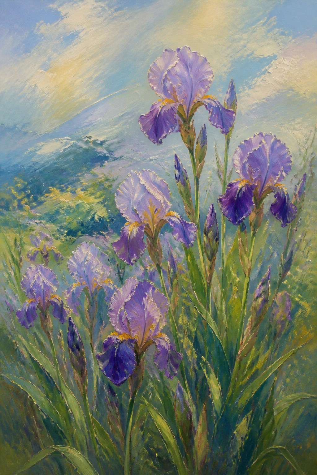 Vivid purple irises blooming in a green field with misty mountains behind.