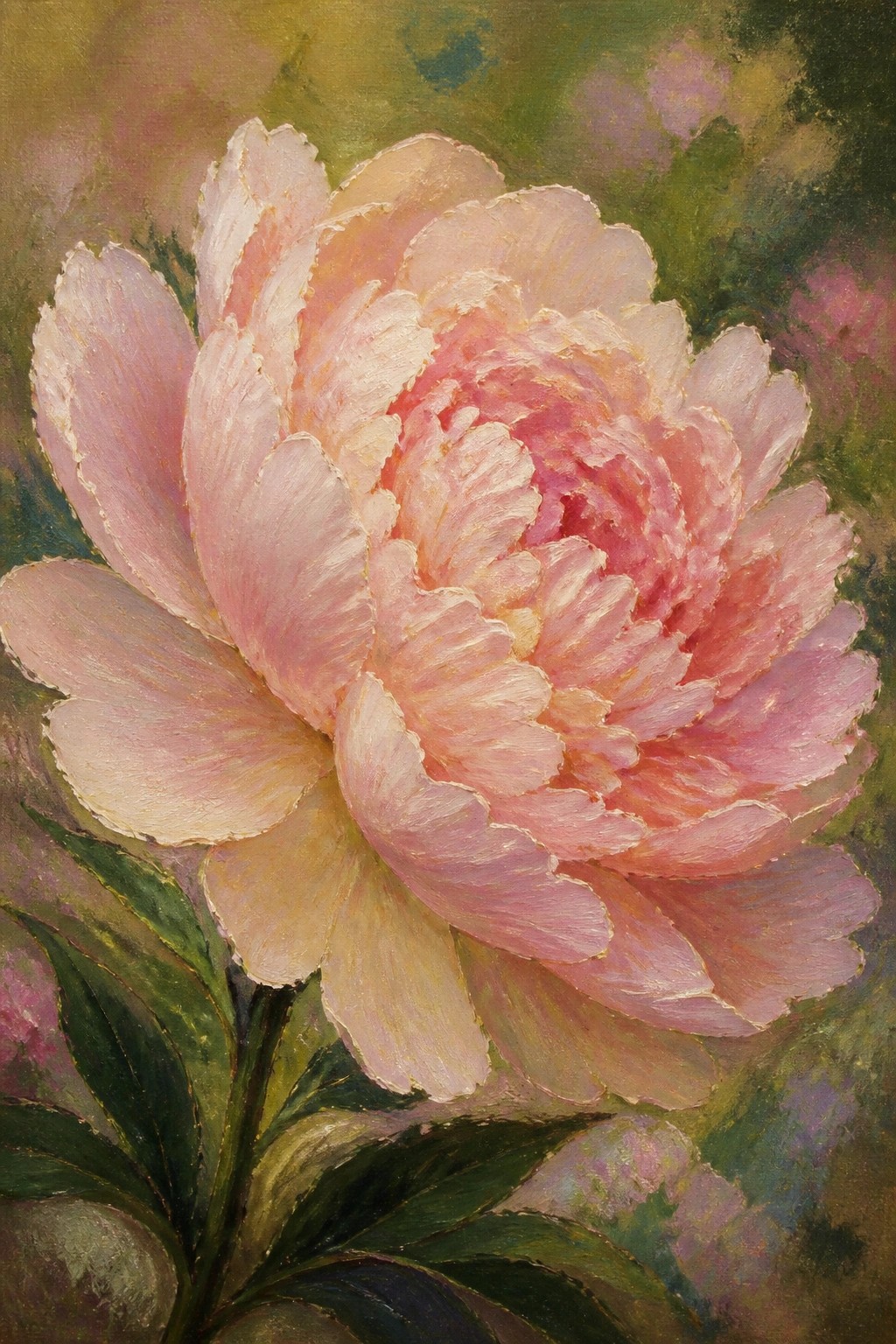 Blooming pink peony with layered petals and green leaves on blurred background