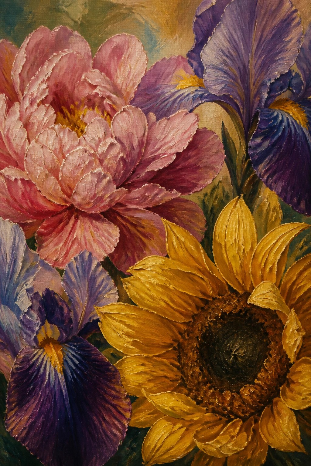 Close-up oil painting of pink peonies, purple irises, and a yellow sunflower with visible brushstrokes and textured petals.