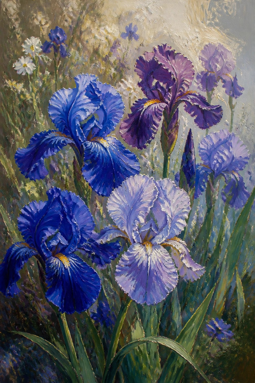 Vibrant blue, purple, and white irises blooming amid green foliage in oil painting