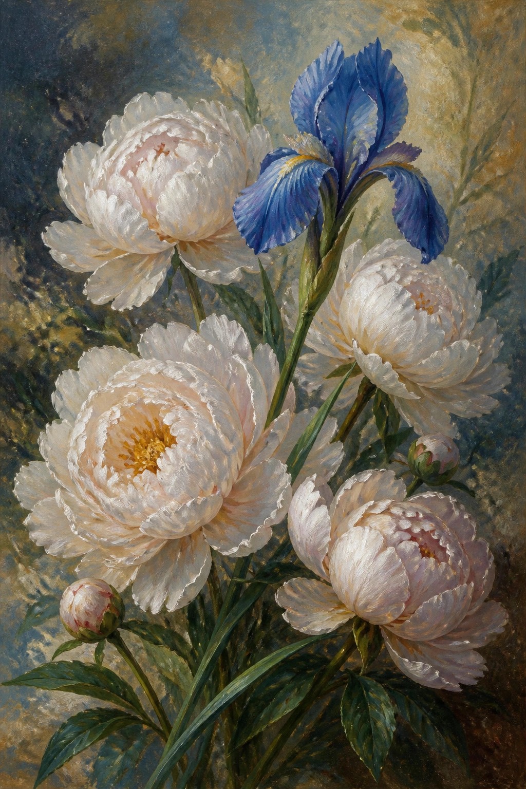 White peonies and blue iris with green leaves in floral still life.