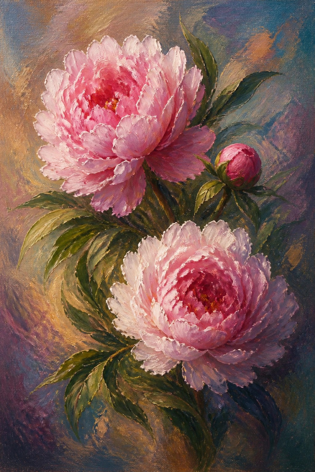 Pink peony flowers and bud with green leaves in oil painting style
