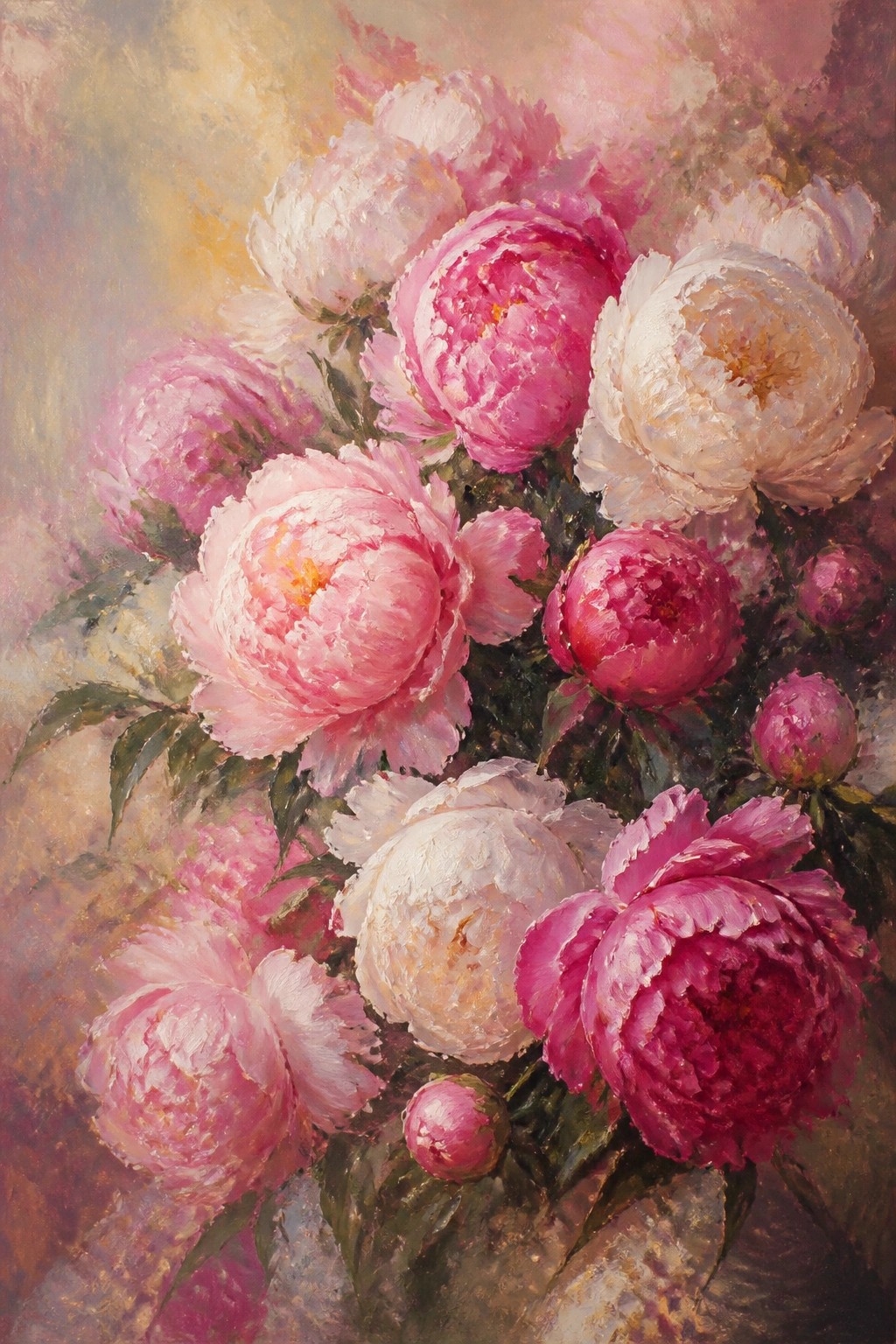 Lush pink and white peonies in full bloom with green leaves and buds.