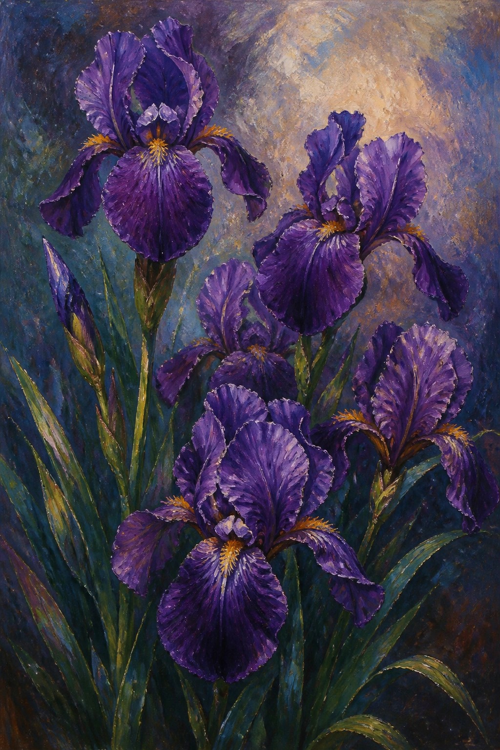 Vivid purple irises with yellow centers amid green leaves on a dark textured background.