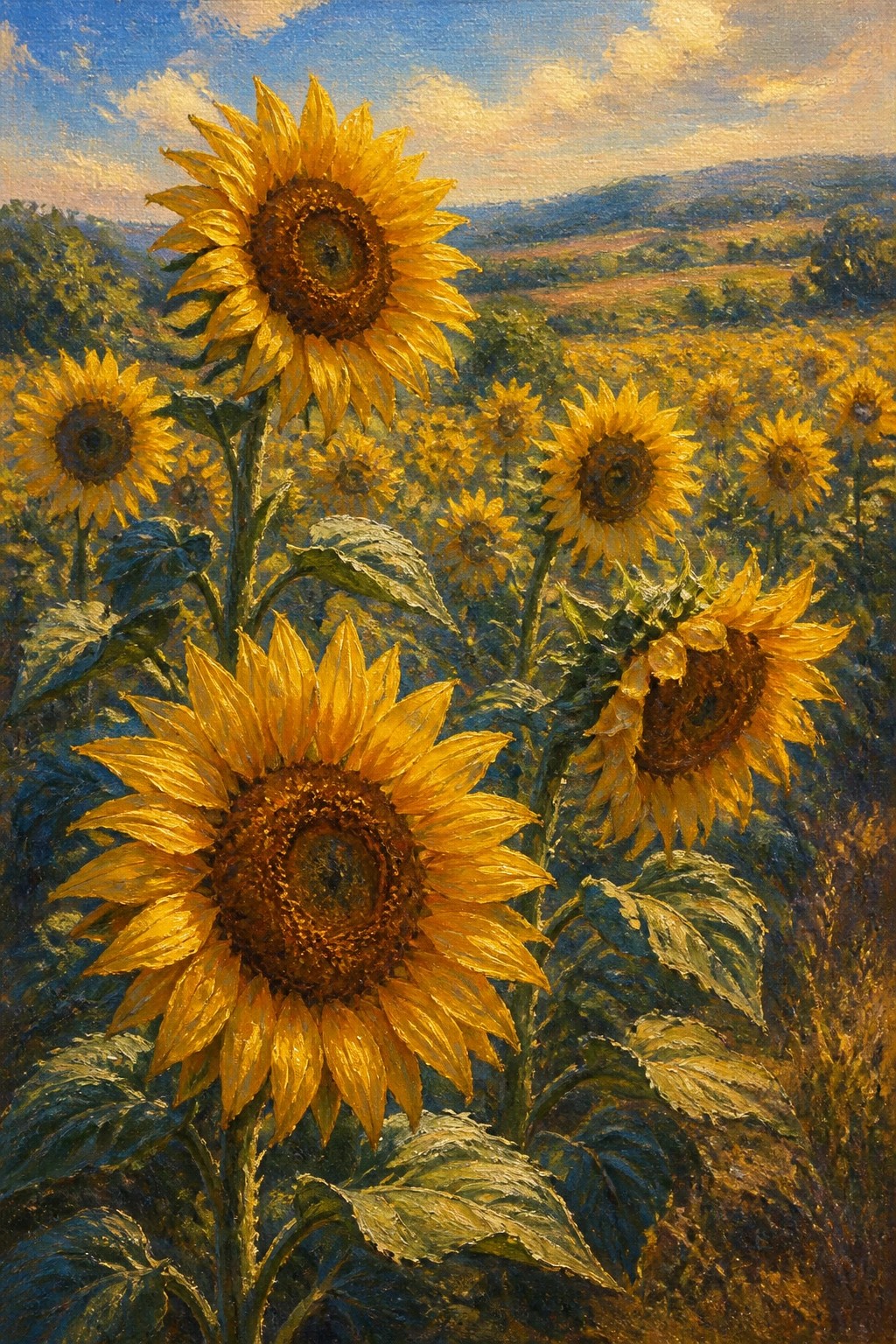 Vivid yellow sunflowers with green leaves fill a golden countryside field painting