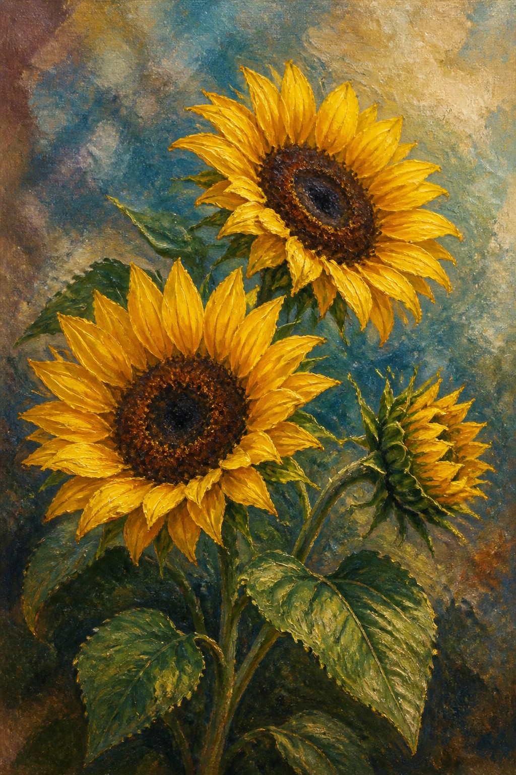 An oil painting shows three sunflowers with yellow petals and dark centers, plus one bud and green leaves, set against a textured blue-green background.