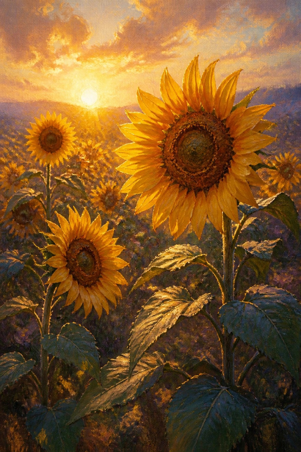An oil painting of large sunflowers in a field with a setting sun low on the horizon casting golden light across the scene.