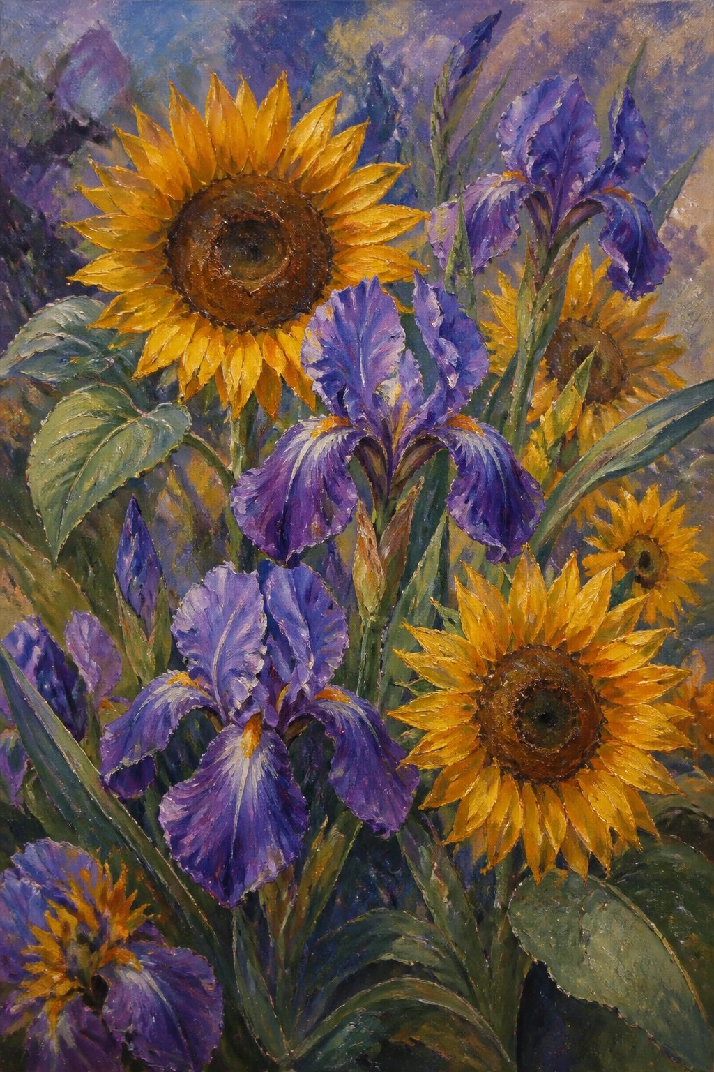 Vibrant painting of yellow sunflowers and purple irises with green leaves.